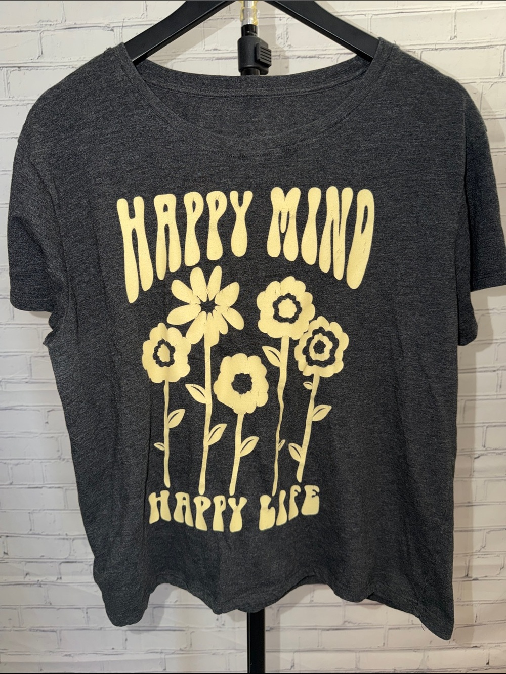 Happy Mind Graphic Tee - Charcoal with Cream Print